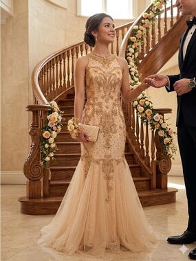 Aspeed USA Beaded Mermaid Gown Champagne Gold Size L Formal Prom Evening Dress